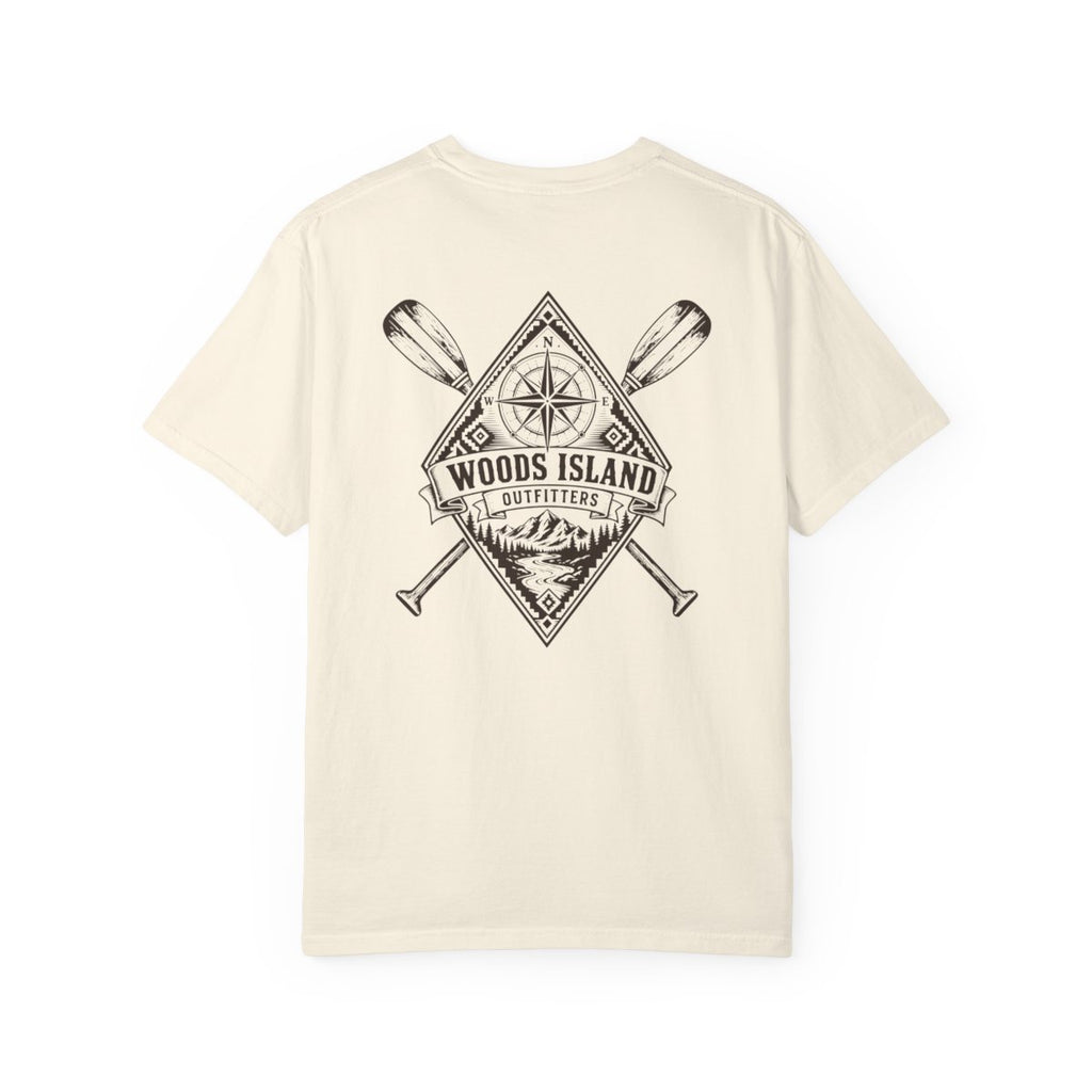 Compass crest on the back of a Woods Island Outfitters tee