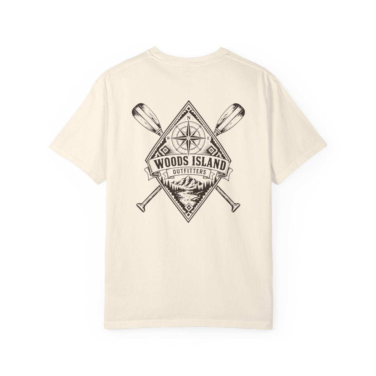 Compass crest on the back of a Woods Island Outfitters tee
