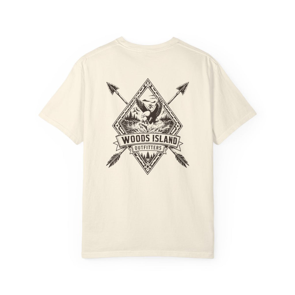 Eagle crest on the back of a Woods Island Outfitters tee