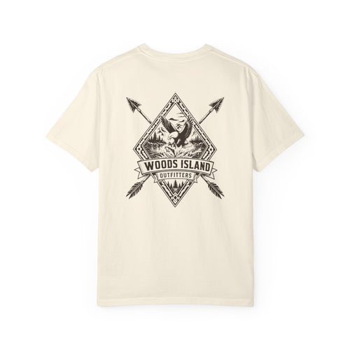 Eagle crest on the back of a Woods Island Outfitters tee