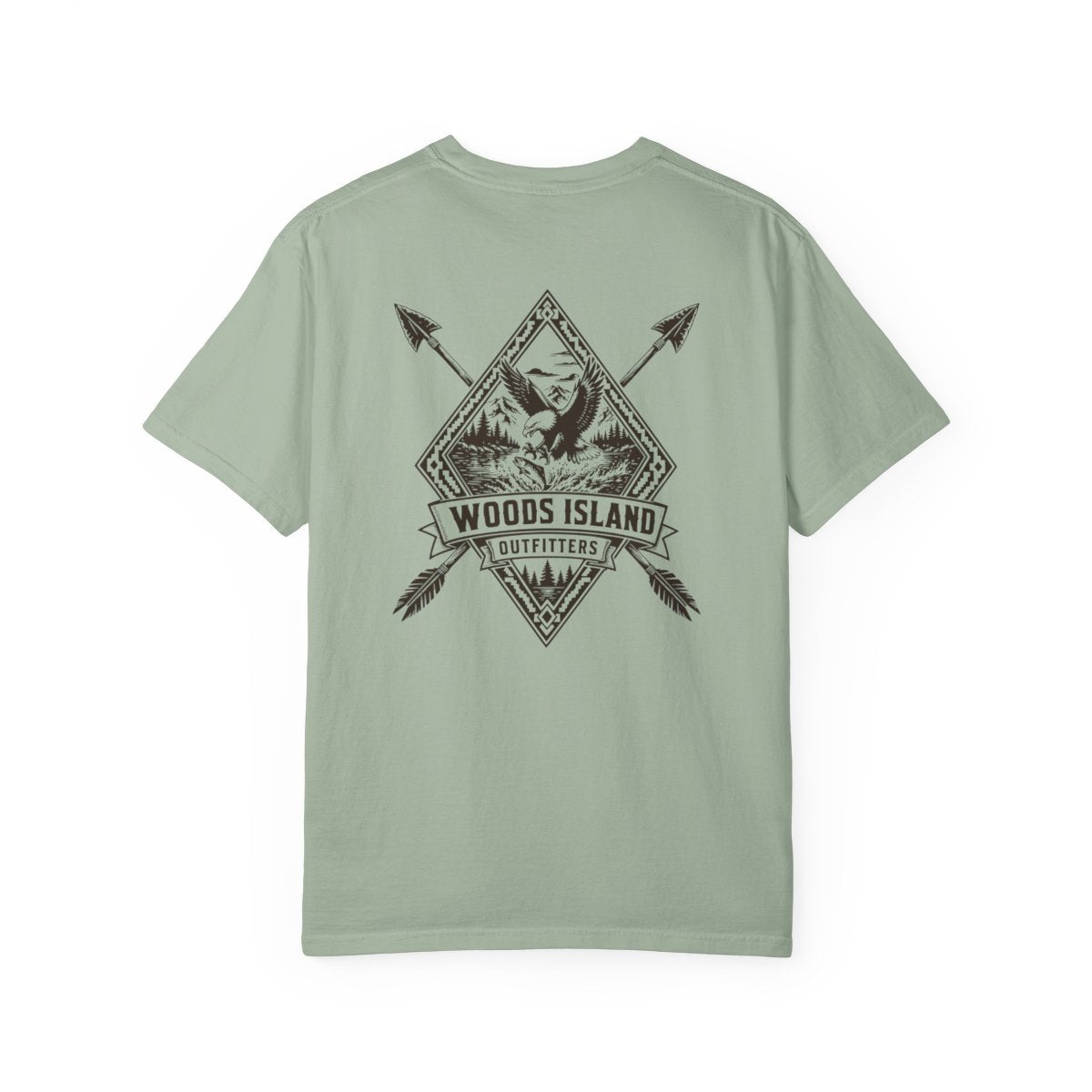 Eagle crest on the back of a Bay Woods Island Outfitters tee