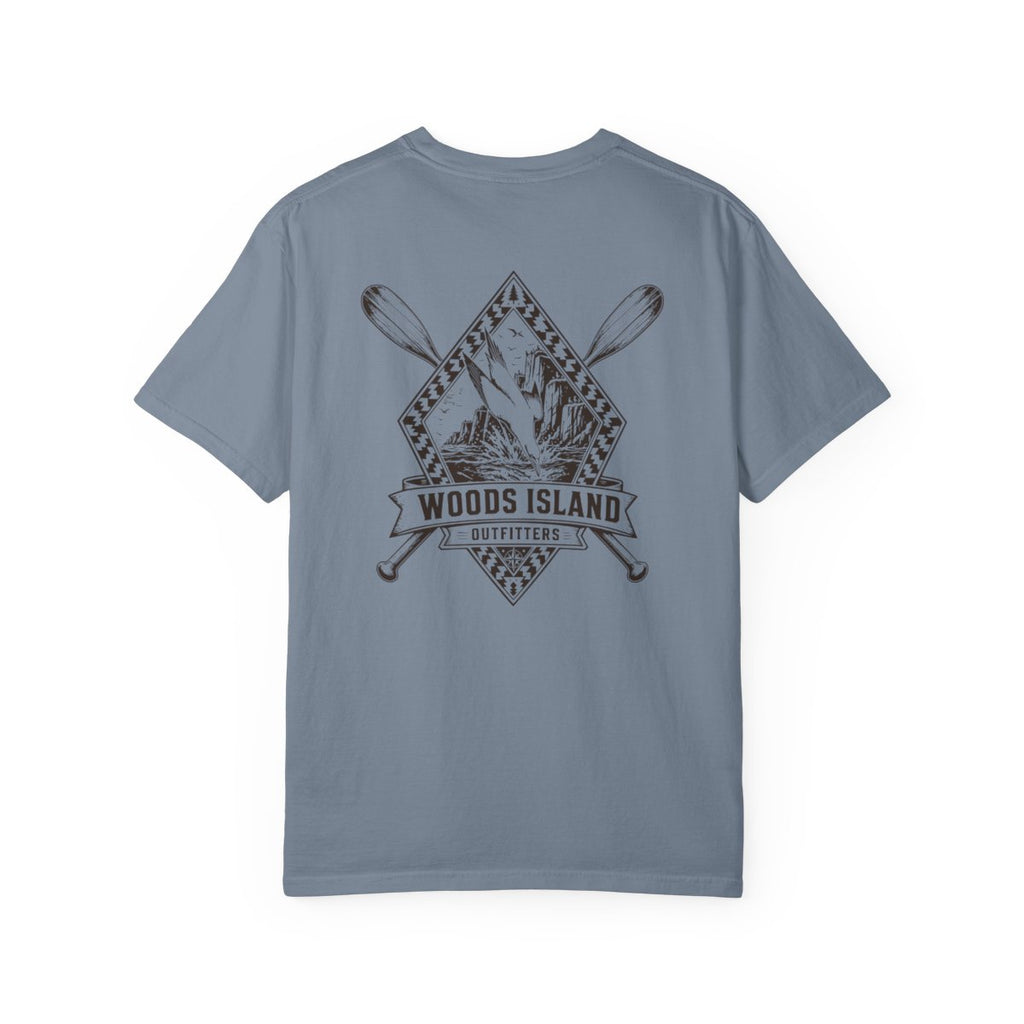 Gannet crest on the back of a Blue Jean Woods Island Outfitters tee