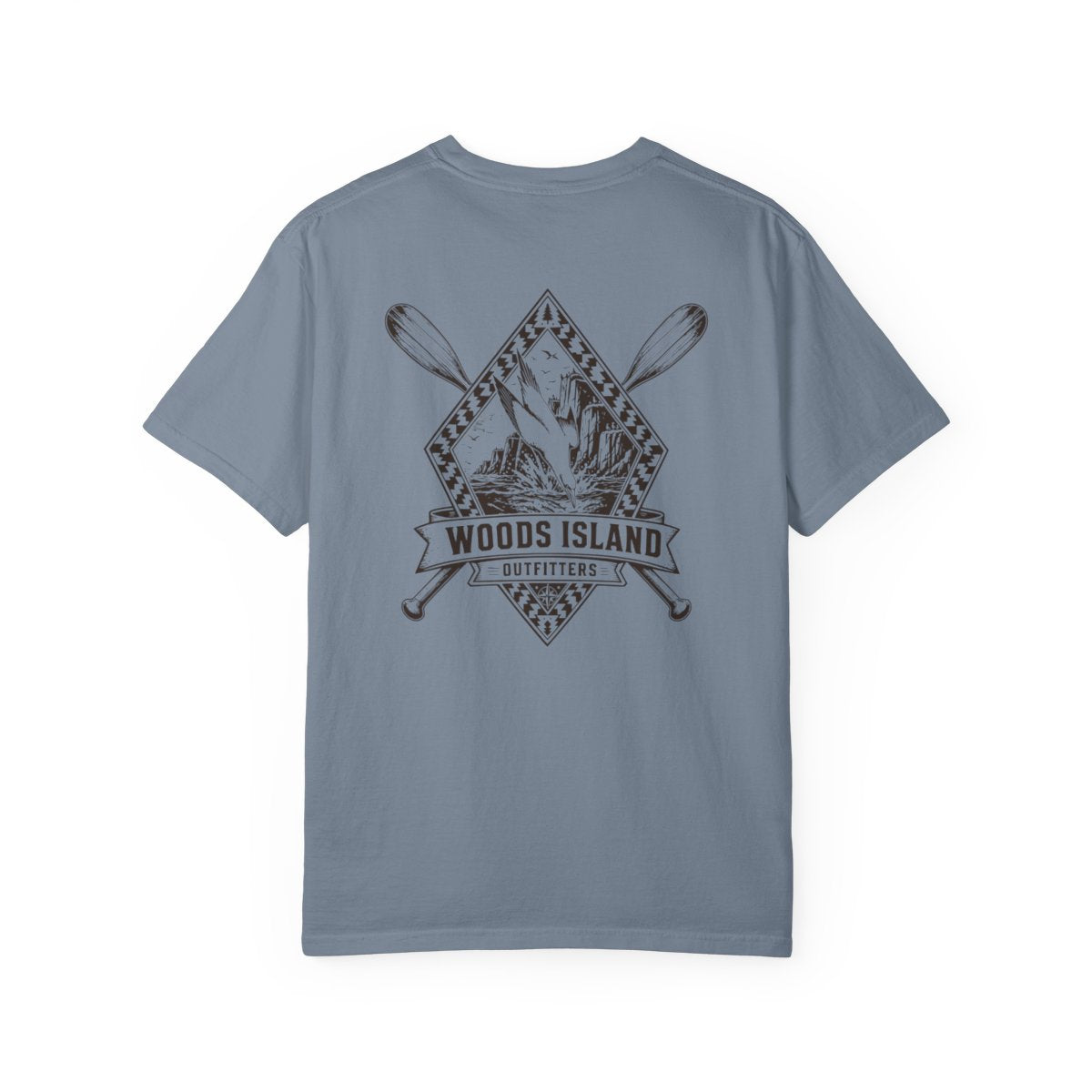 Gannet crest on the back of a Blue Jean Woods Island Outfitters tee