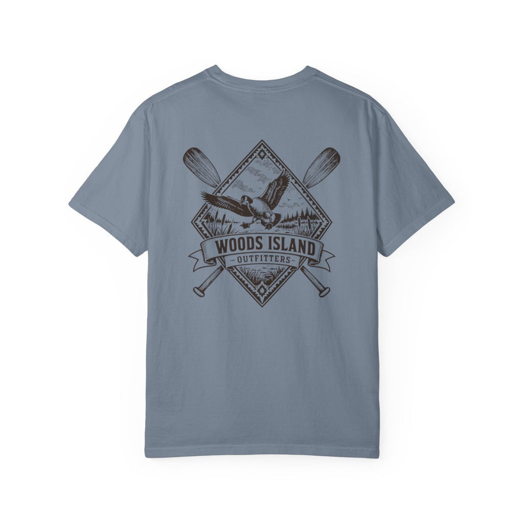 Goose crest on the back of a Blue Jean Woods Island Outfitters tee