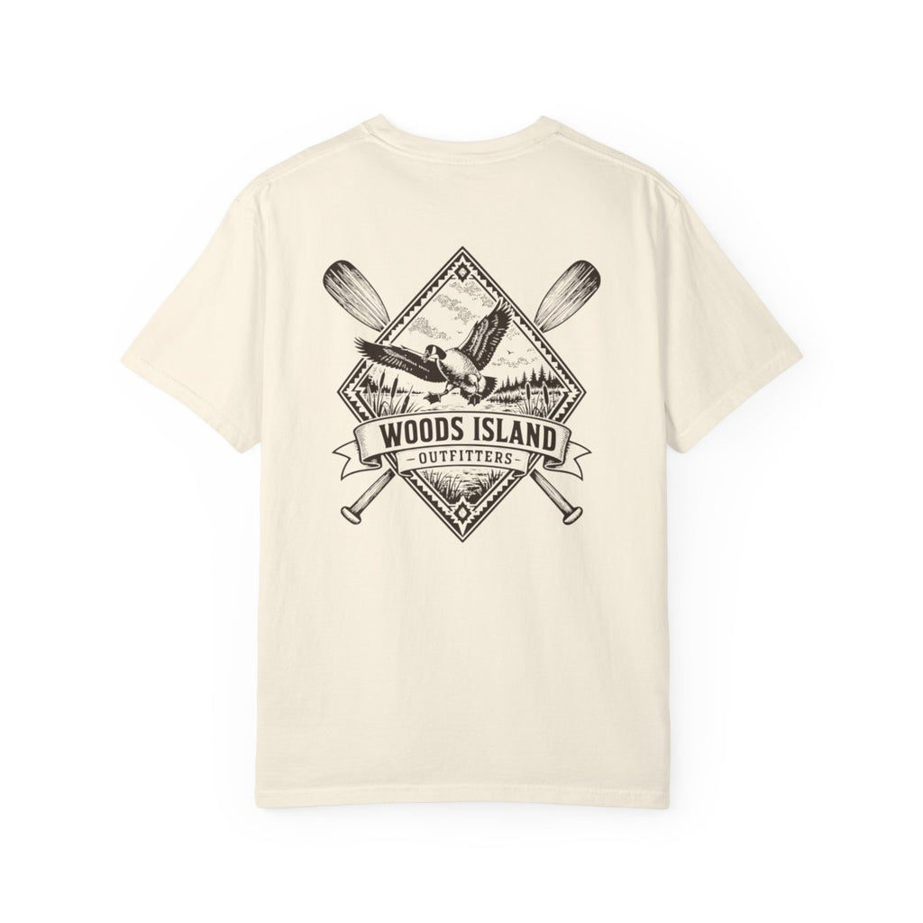 Goose crest on the back of a Woods Island Outfitters tee