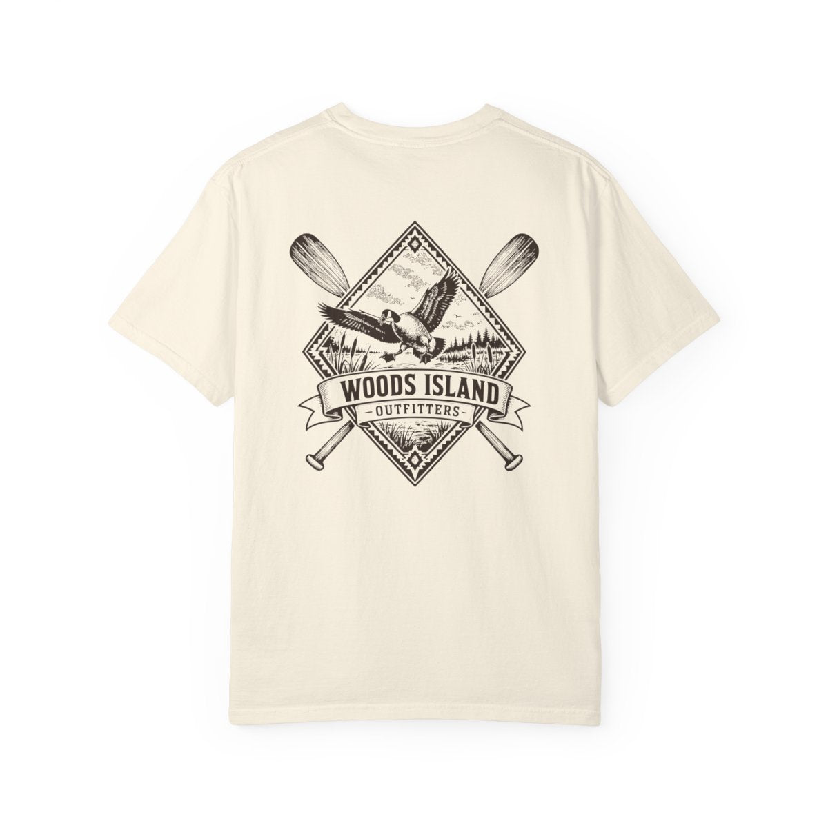 Goose crest on the back of a Woods Island Outfitters tee
