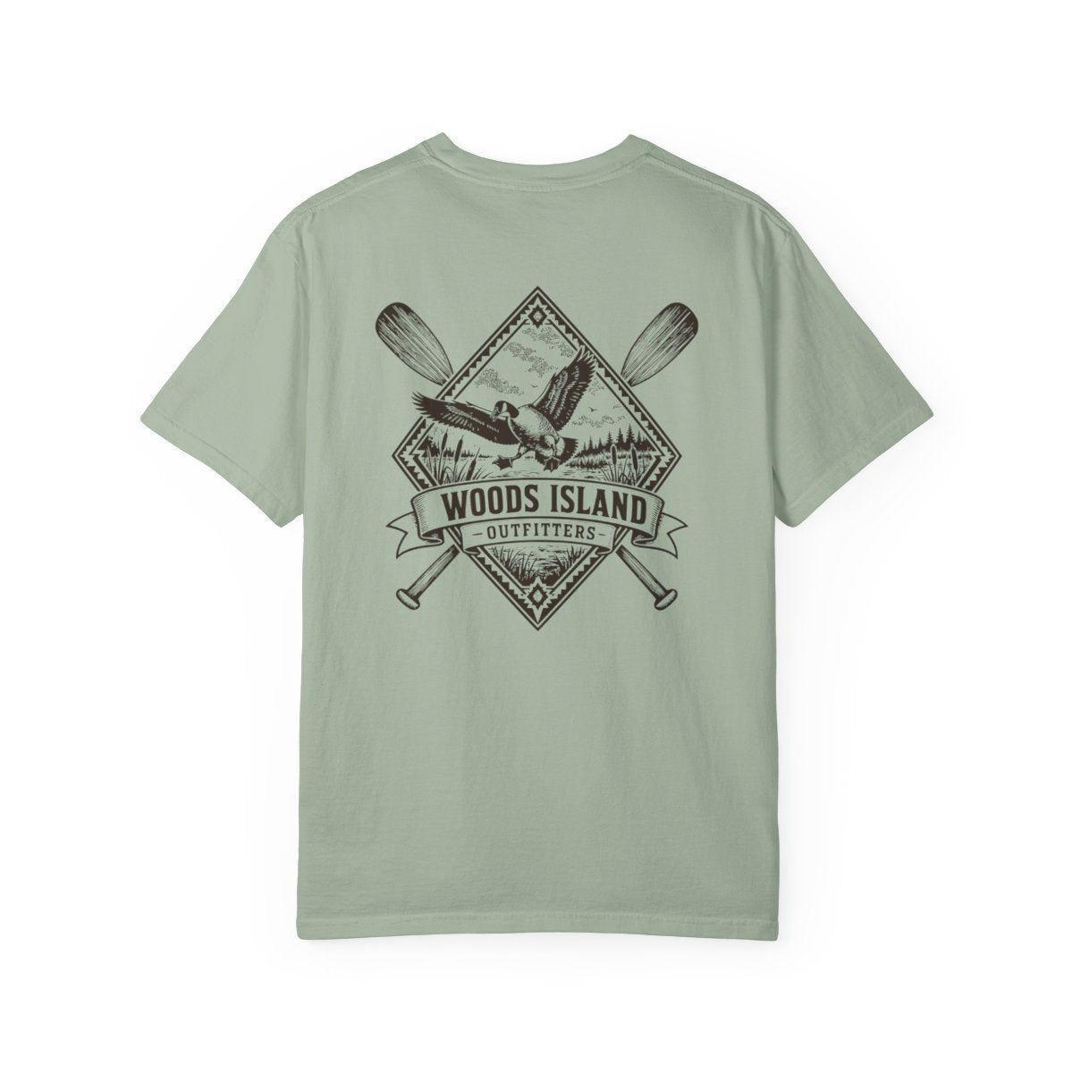 Goose crest on the back of a Bay Woods Island Outfitters tee