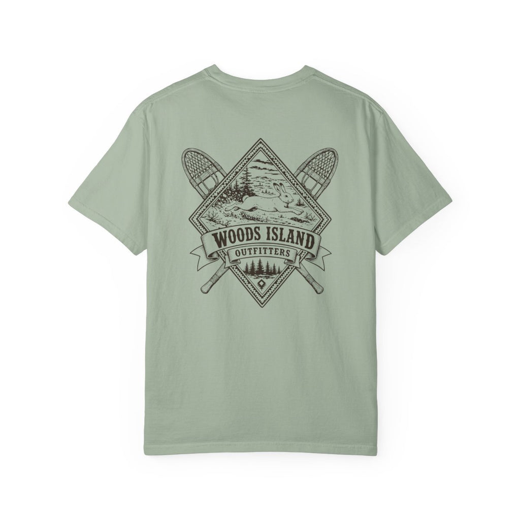 Hare crest on the back of a Bay Woods Island Outfitters tee