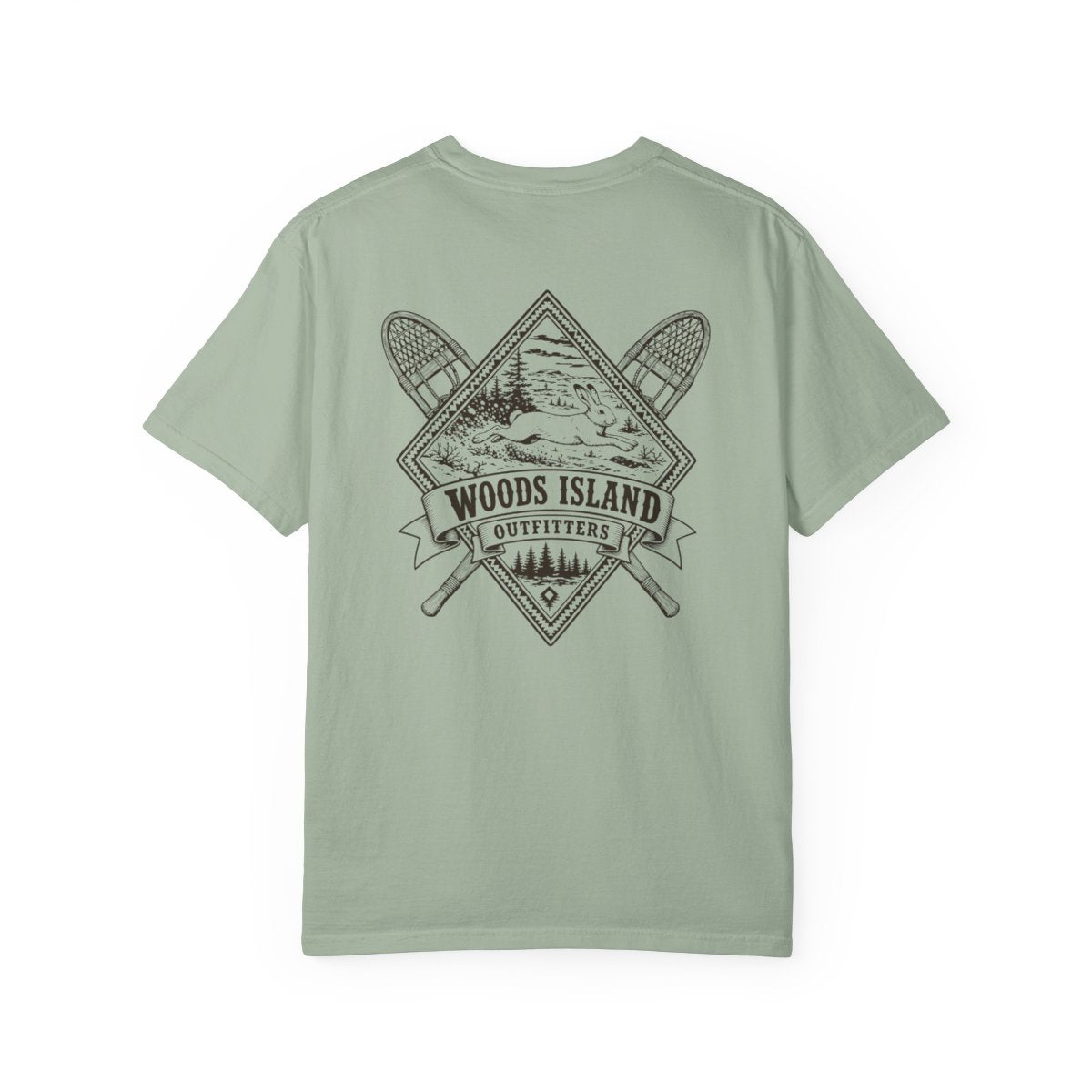 Hare crest on the back of a Bay Woods Island Outfitters tee