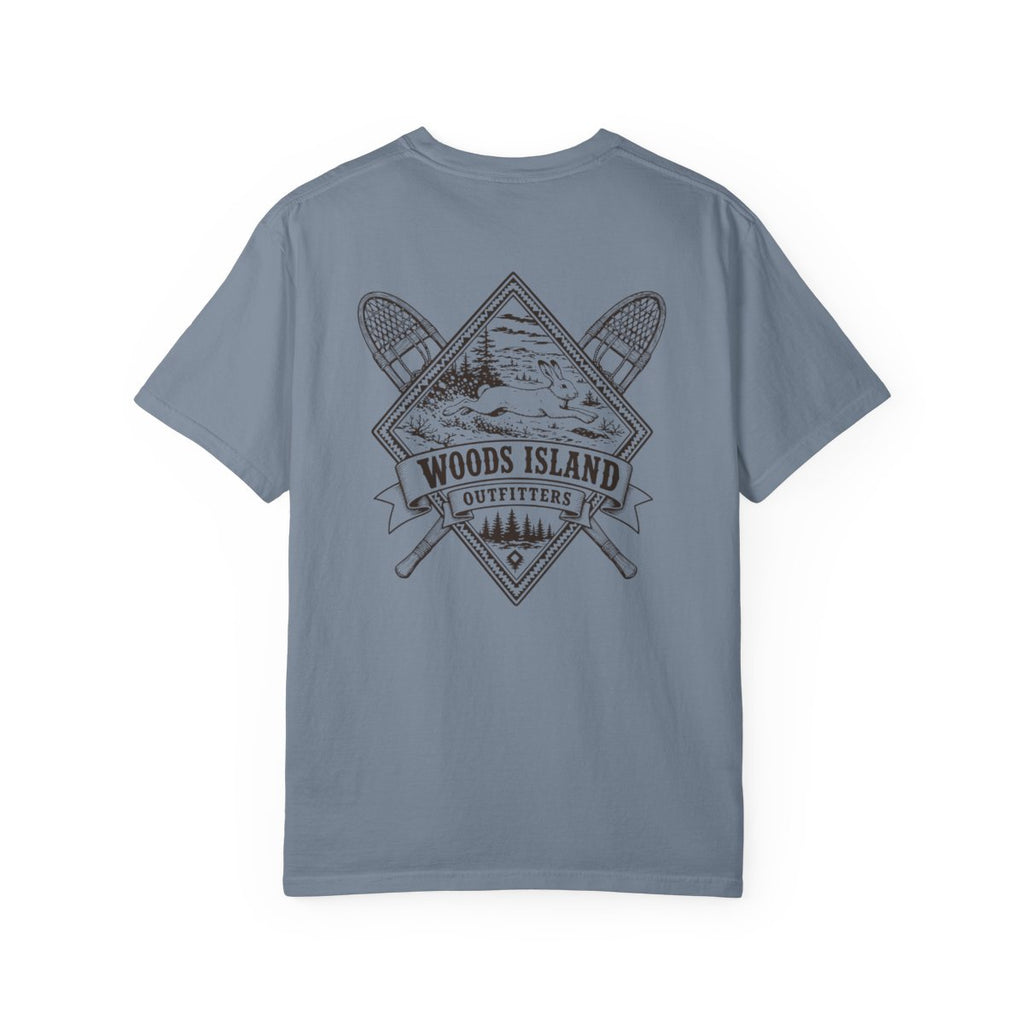 Hare crest on the back of a Blue Jean Woods Island Outfitters tee