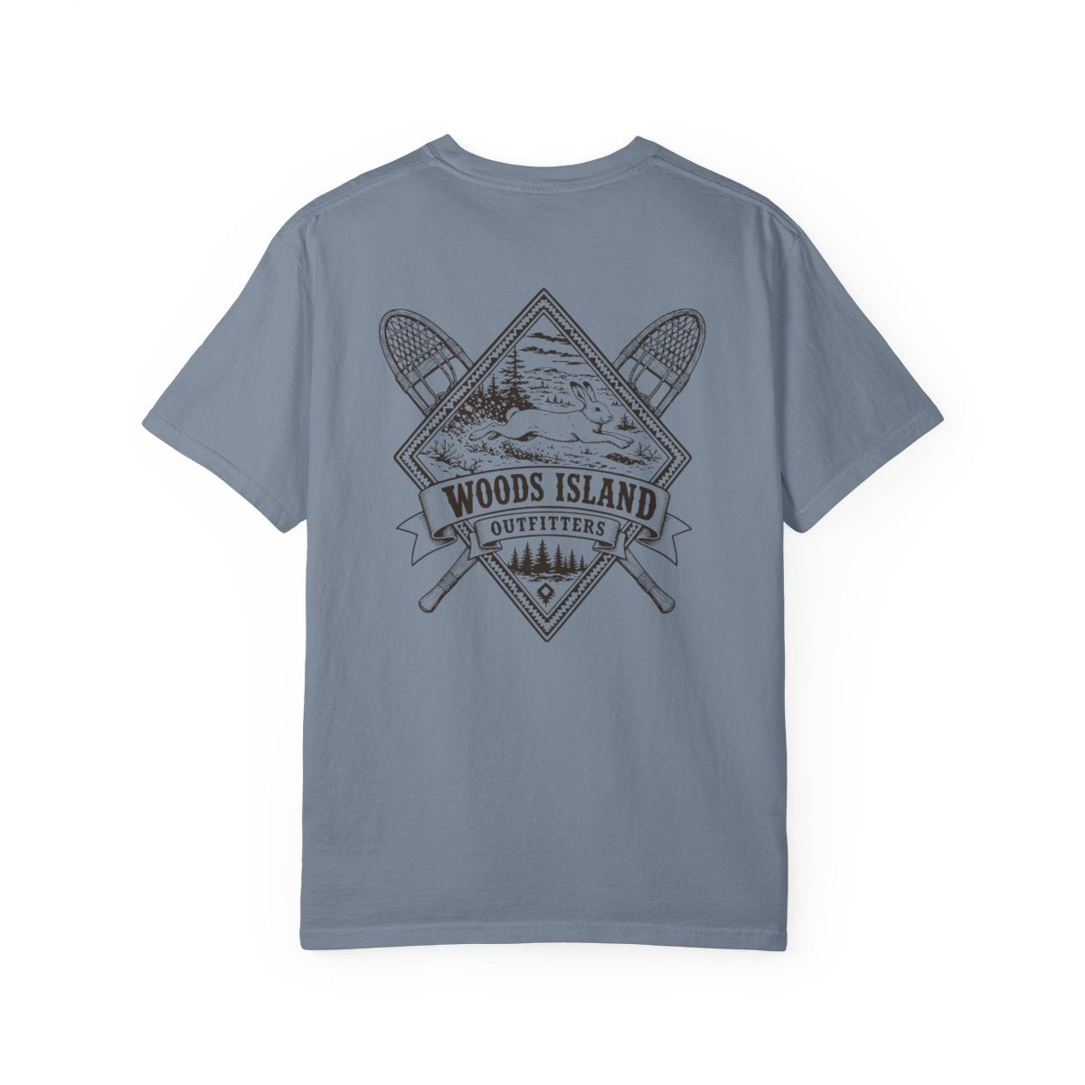 Hare crest on the back of a Blue Jean Woods Island Outfitters tee