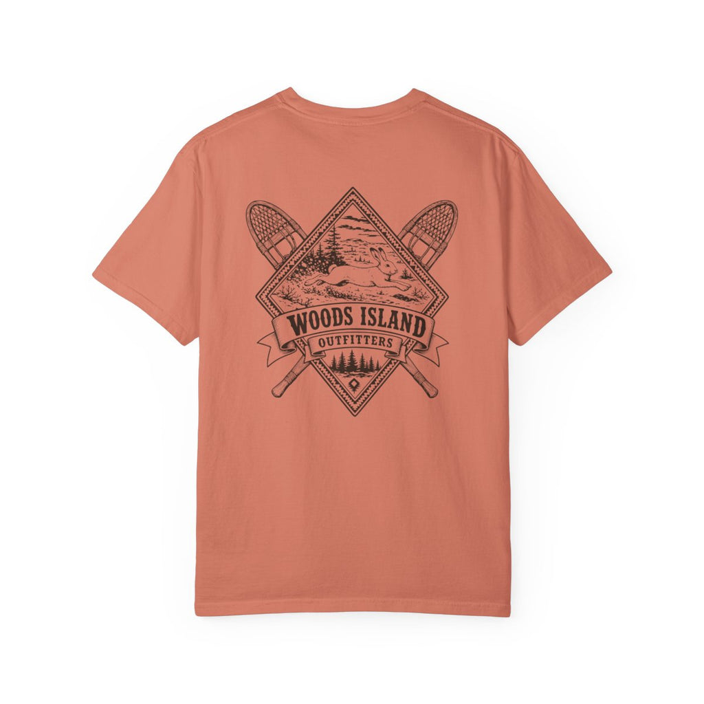 Hare crest on the back of a Terracotta Woods Island Outfitters tee