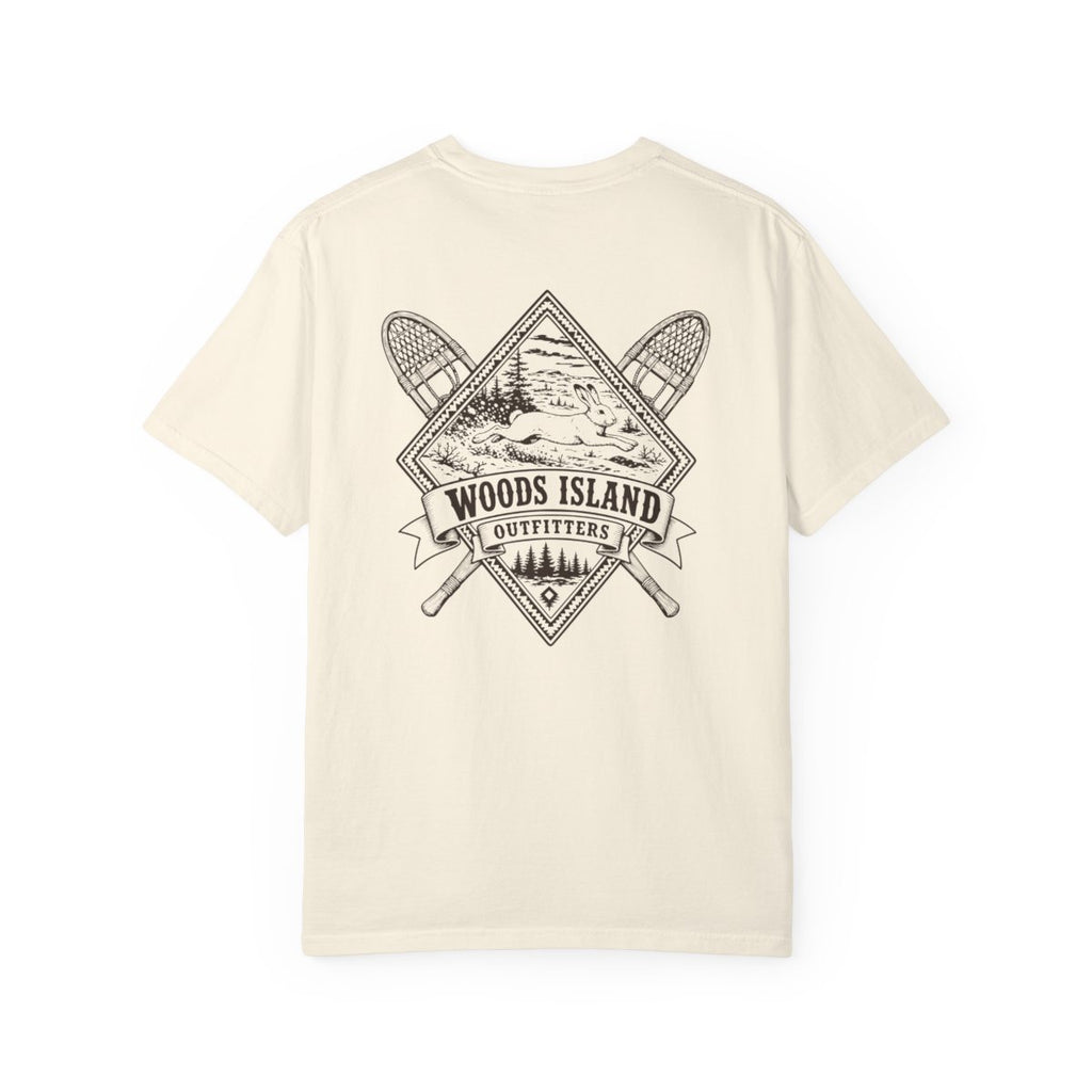 Hare crest on the back of a Woods Island Outfitters tee