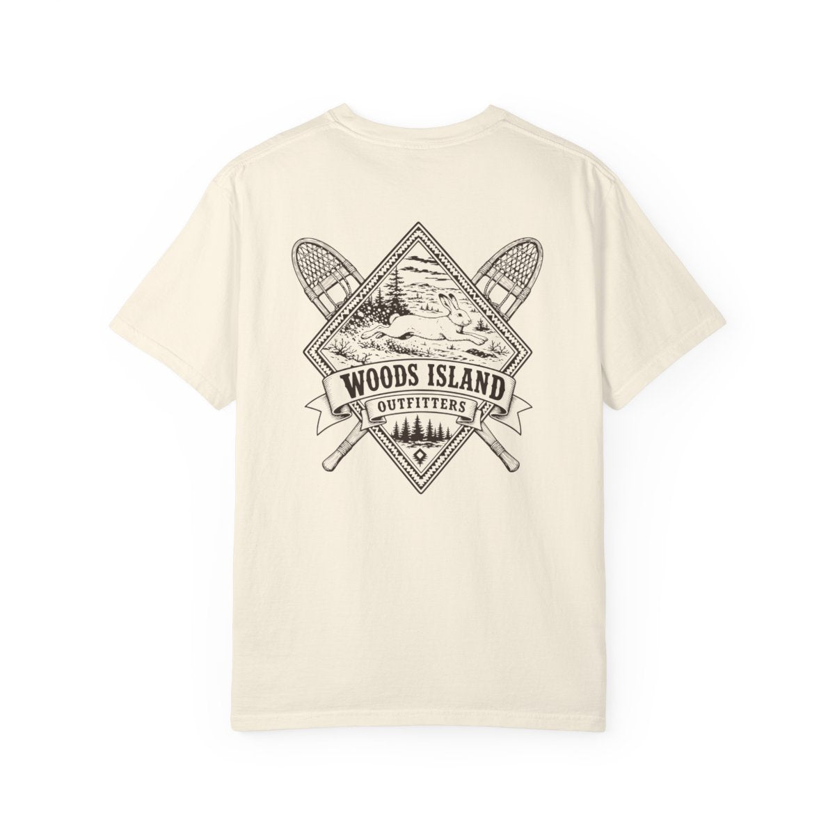Hare crest on the back of a Woods Island Outfitters tee
