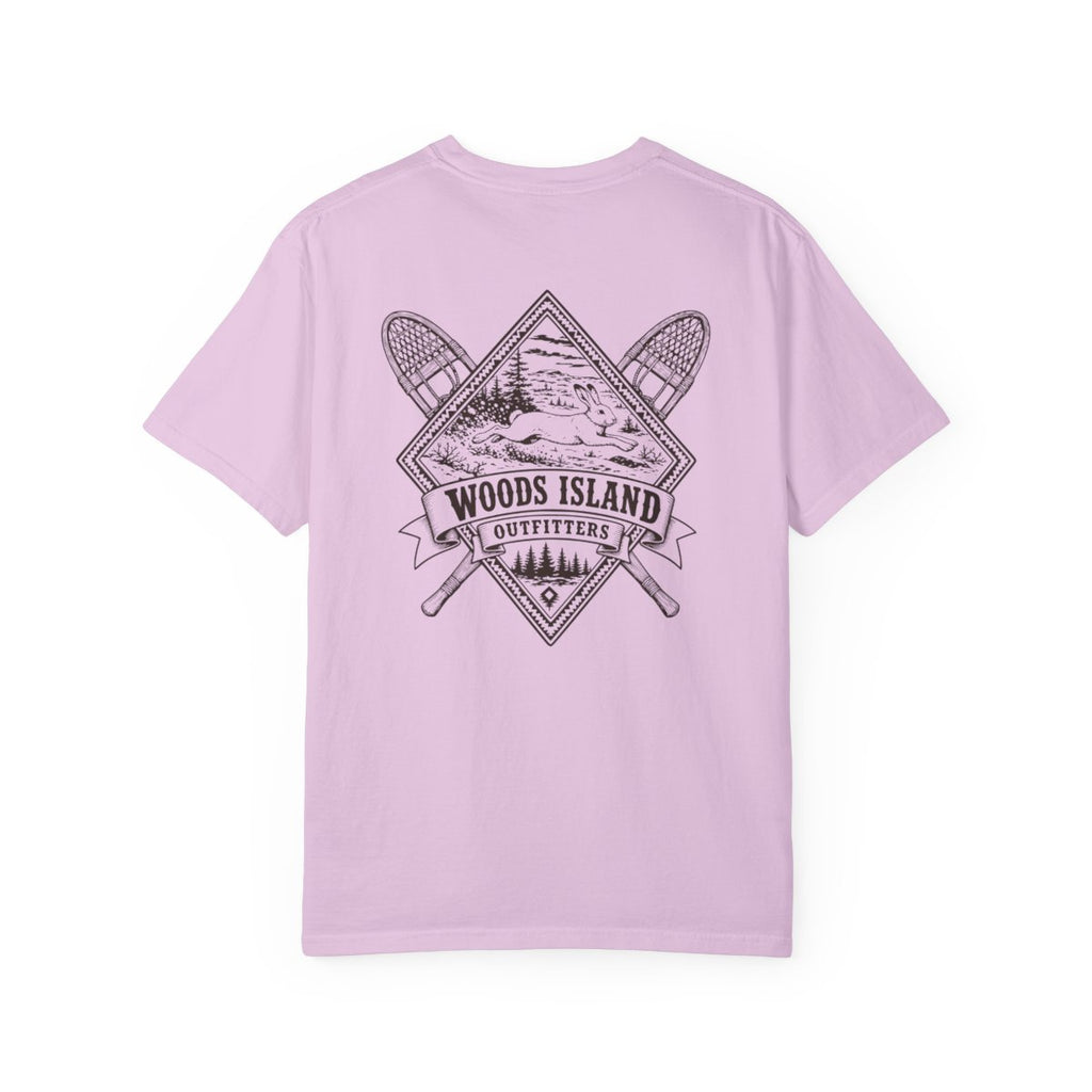 Hare crest on the back of a Orchid Woods Island Outfitters tee