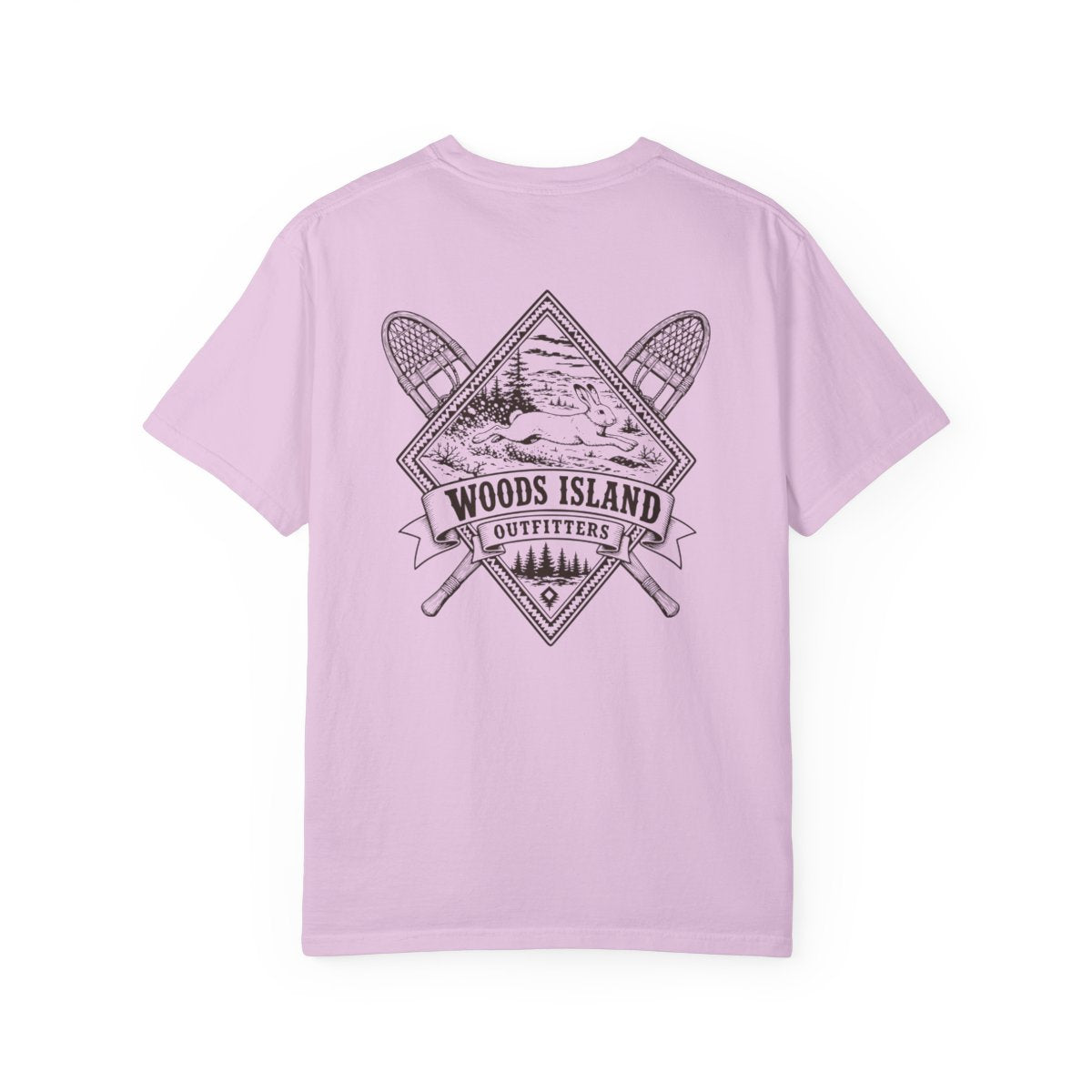 Hare crest on the back of a Orchid Woods Island Outfitters tee