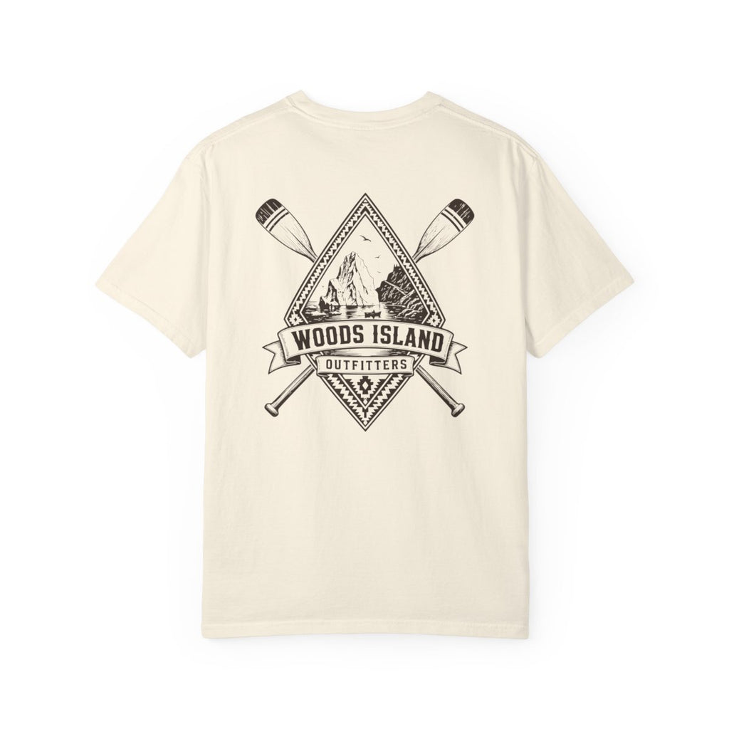 Iceberg crest on the back of a Woods Island Outfitters tee