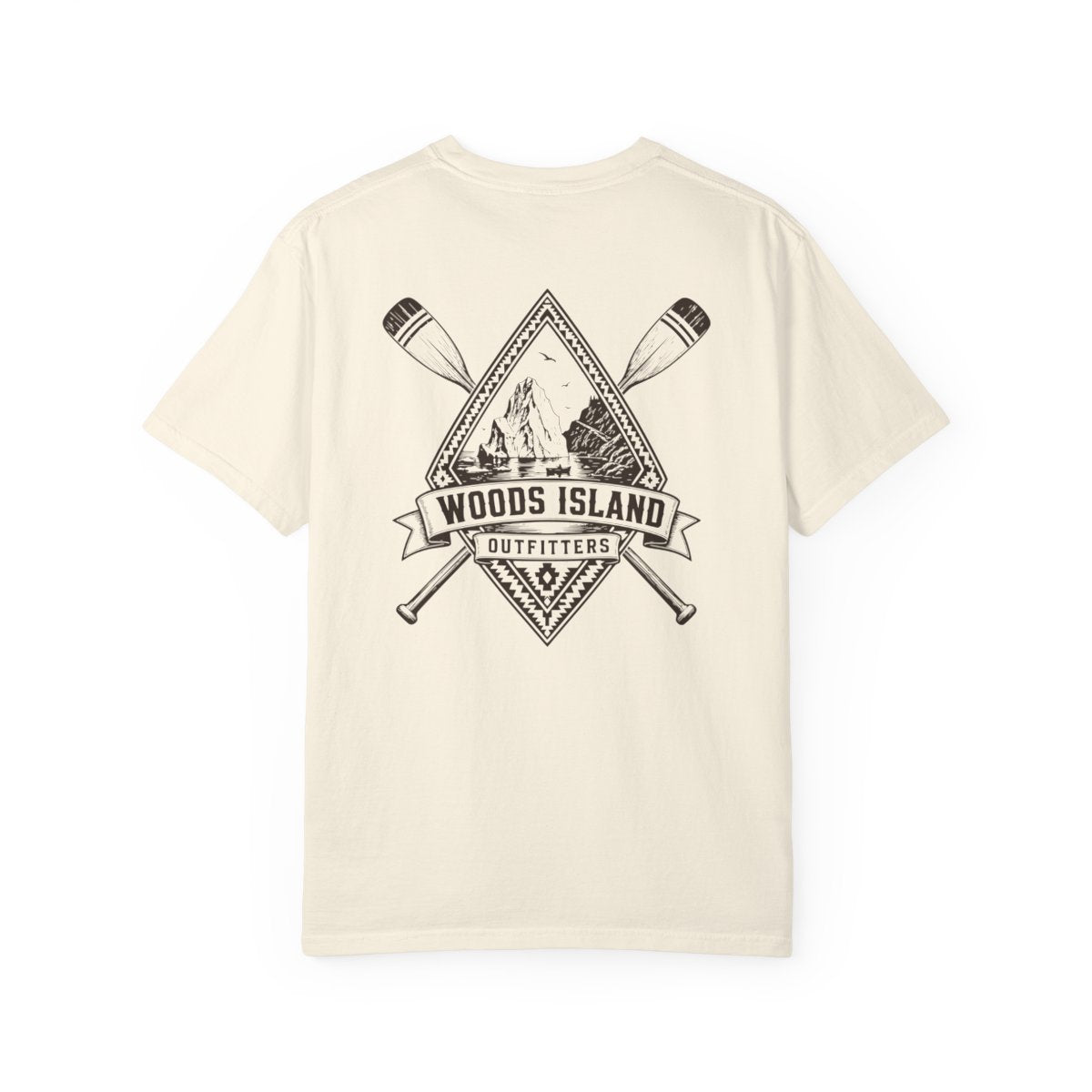Iceberg crest on the back of a Woods Island Outfitters tee