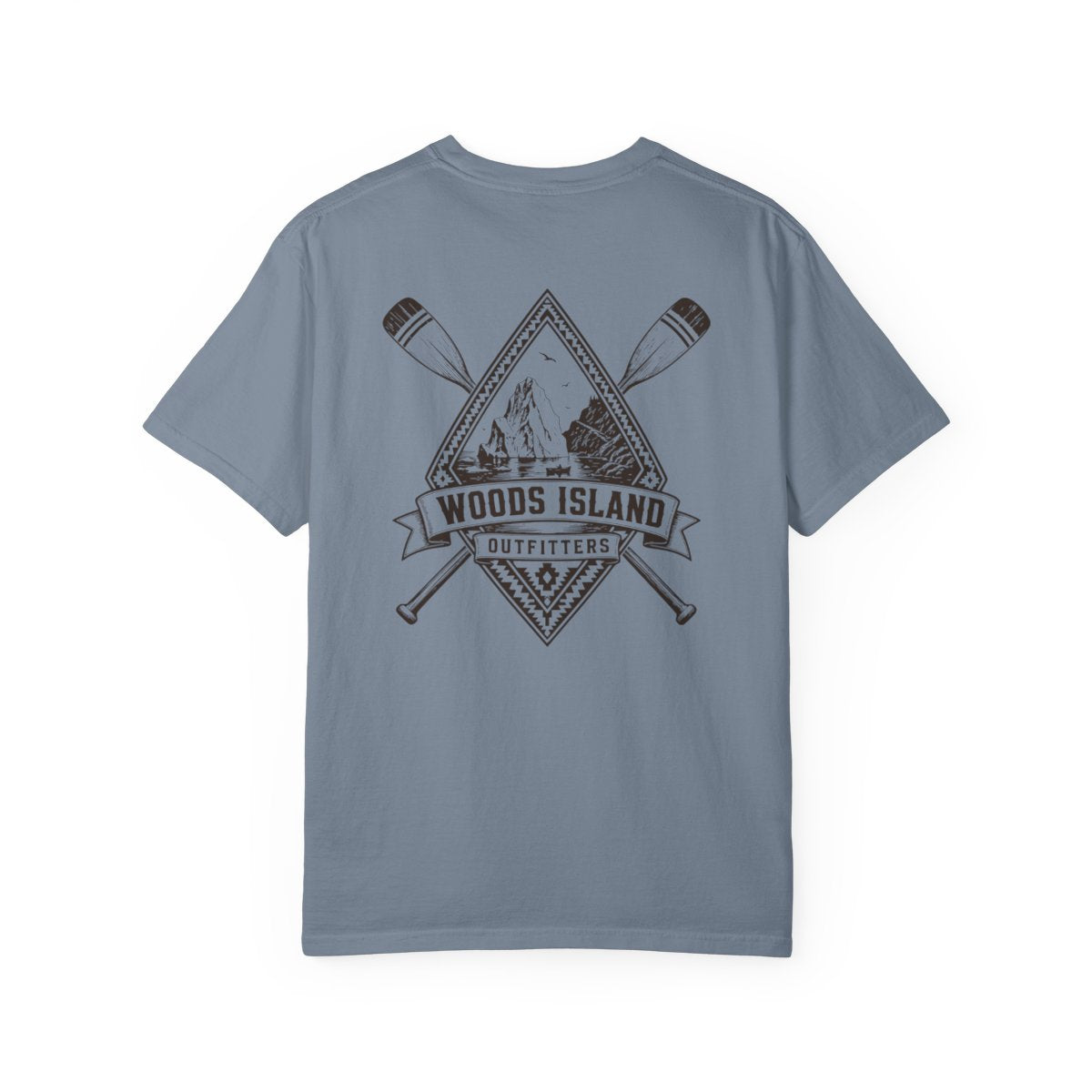 Iceberg crest on the back of a Blue Jean Woods Island Outfitters tee