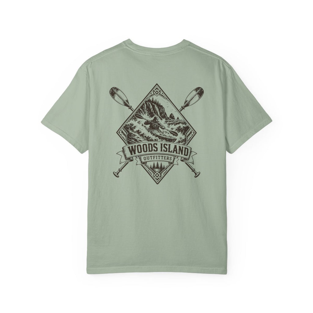 Kayak crest on the back of a Bay Woods Island Outfitters tee