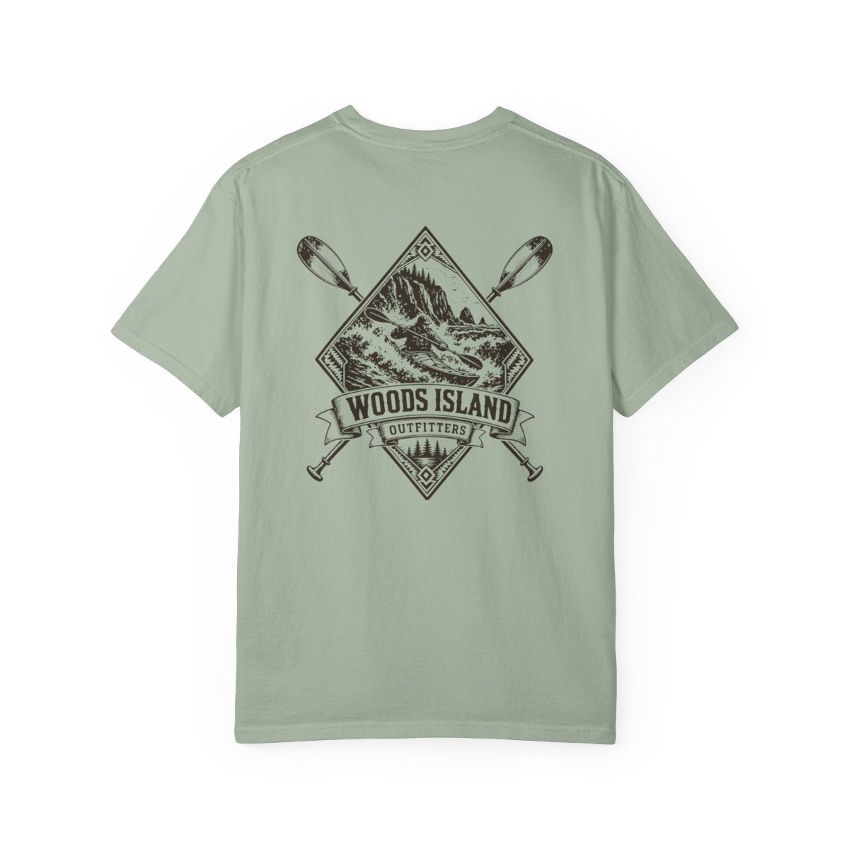 Kayak crest on the back of a Bay Woods Island Outfitters tee