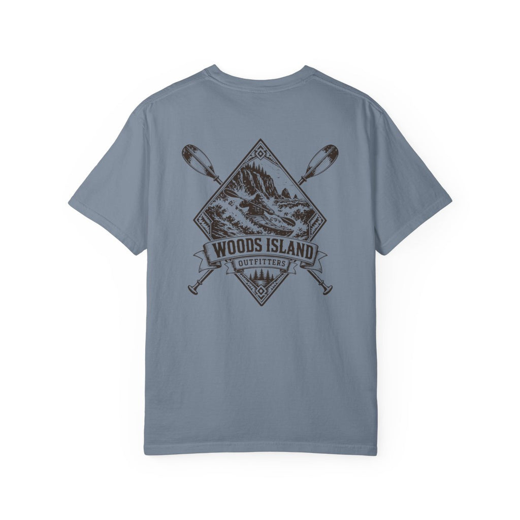 Kayak crest on the back of a Blue Jean Woods Island Outfitters tee