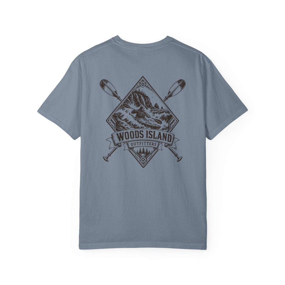 Kayak crest on the back of a Blue Jean Woods Island Outfitters tee