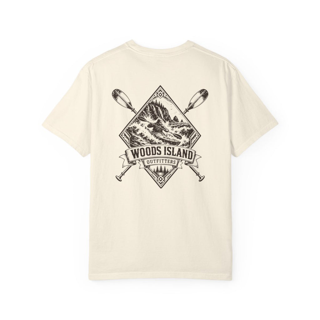 Kayak crest on the back of a Woods Island Outfitters tee