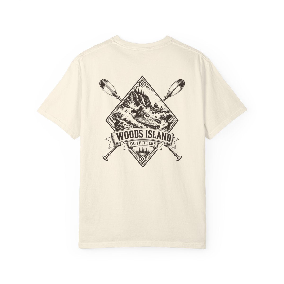 Kayak crest on the back of a Woods Island Outfitters tee