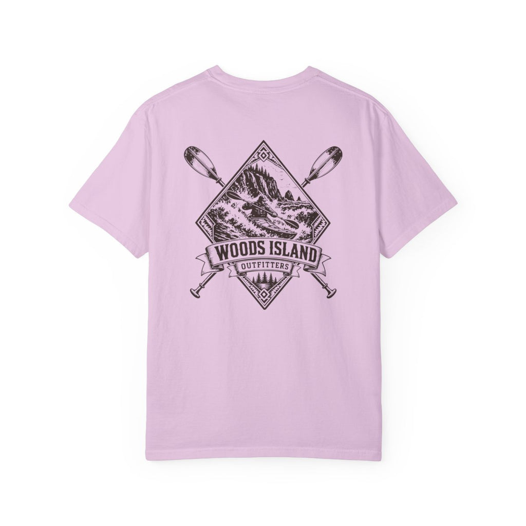 Kayak crest on the back of a Orchid Woods Island Outfitters tee