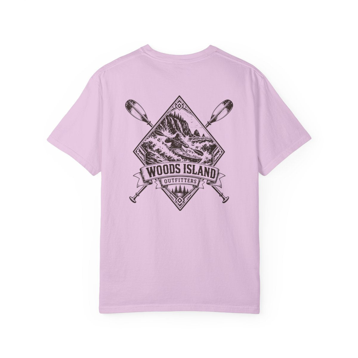 Kayak crest on the back of a Orchid Woods Island Outfitters tee