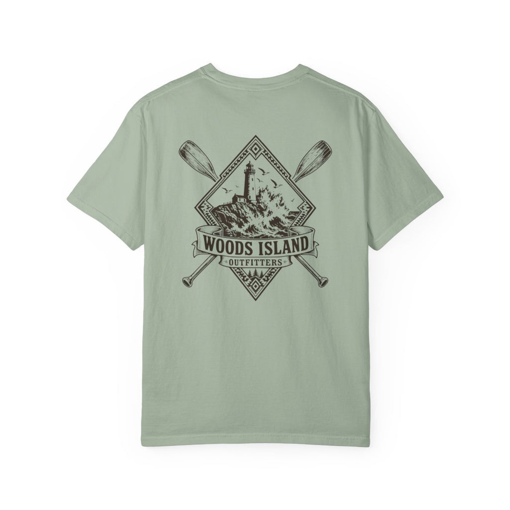 Lighthouse crest on the back of a Bay Woods Island Outfitters tee
