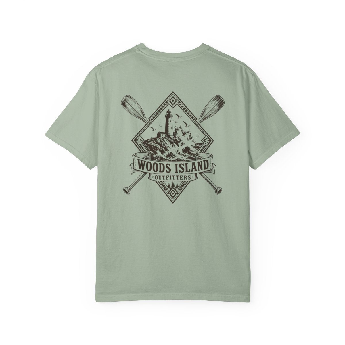 Lighthouse crest on the back of a Bay Woods Island Outfitters tee