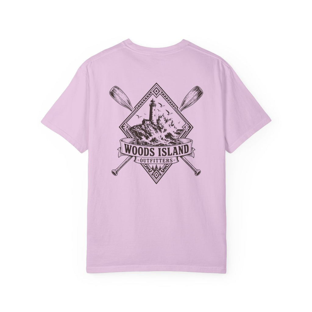 Lighthouse crest on the back of a Orchid Woods Island Outfitters tee