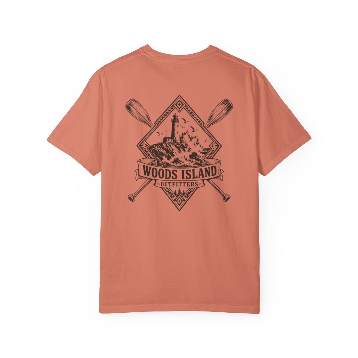 Lighthouse crest on the back of a Terracotta Woods Island Outfitters tee