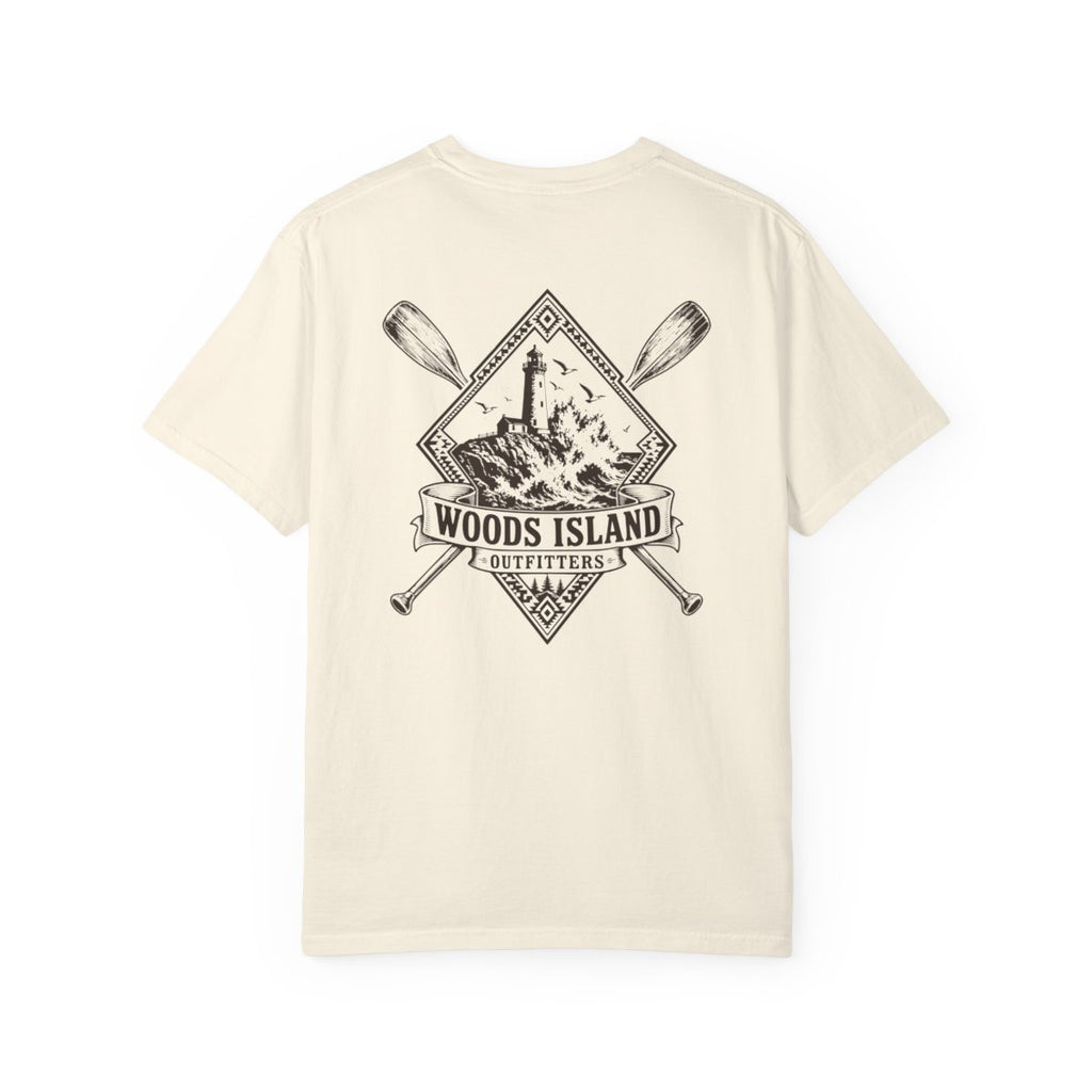 Lighthouse crest on the back of a Woods Island Outfitters tee