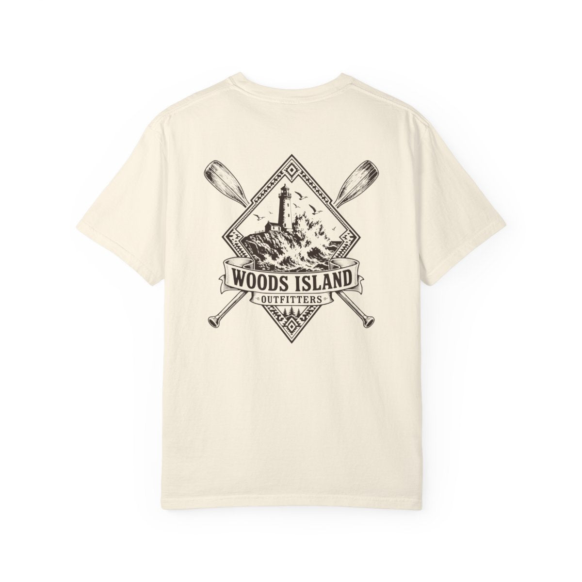 Lighthouse crest on the back of a Woods Island Outfitters tee