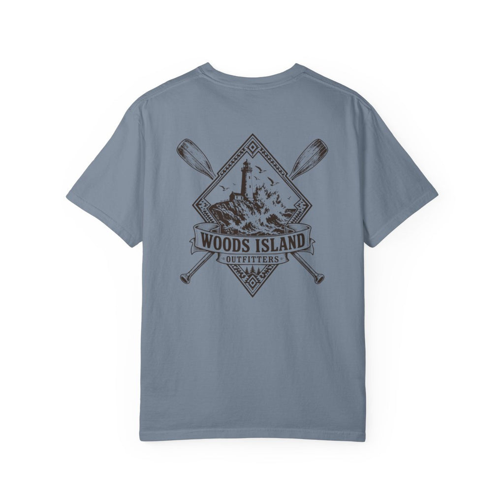 Lighthouse crest on the back of a Blue Jean Woods Island Outfitters tee