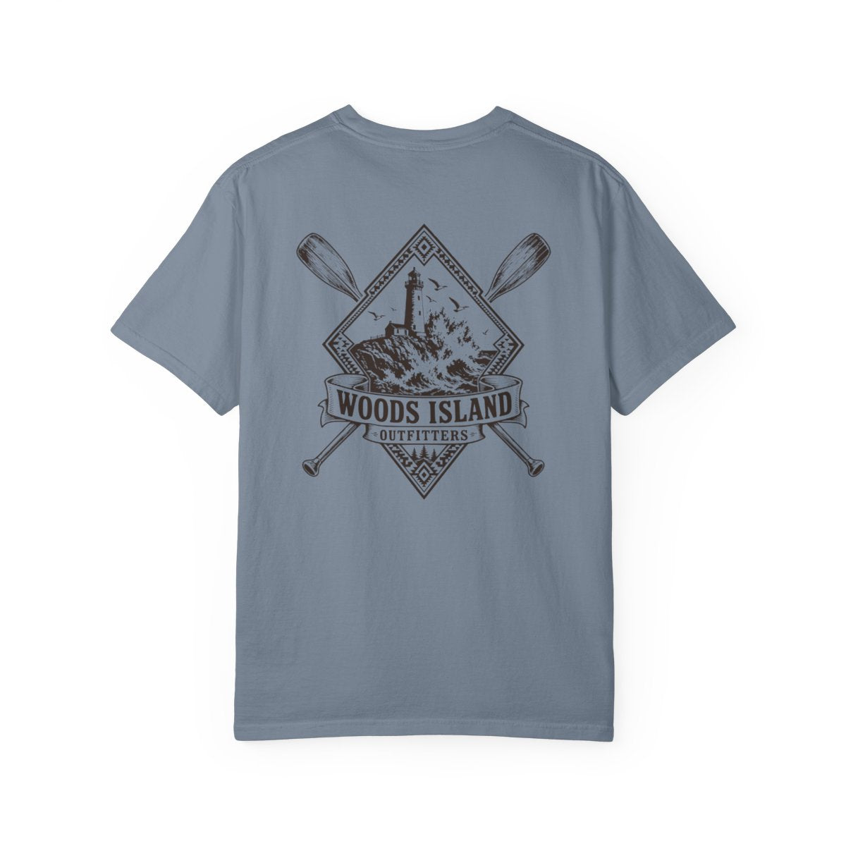 Lighthouse crest on the back of a Blue Jean Woods Island Outfitters tee