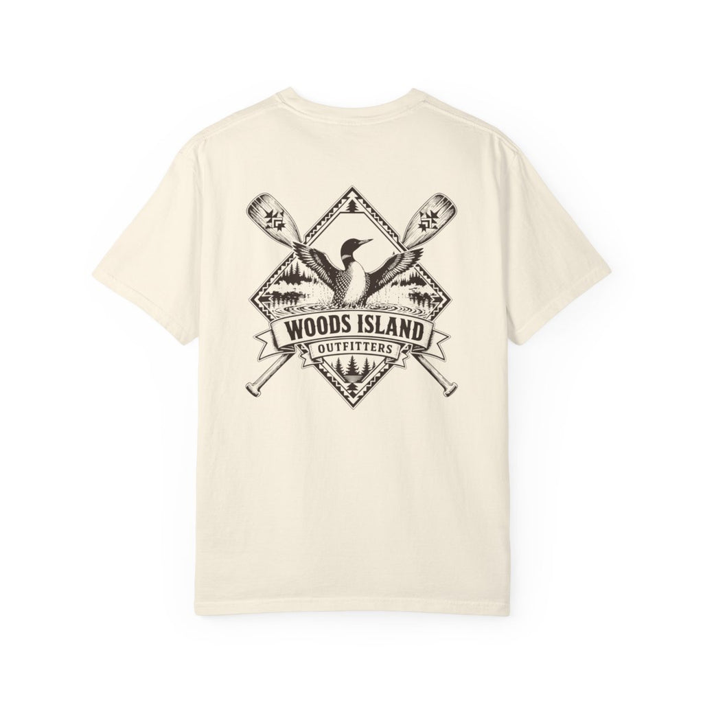 Loon crest on the back of a Woods Island Outfitters tee