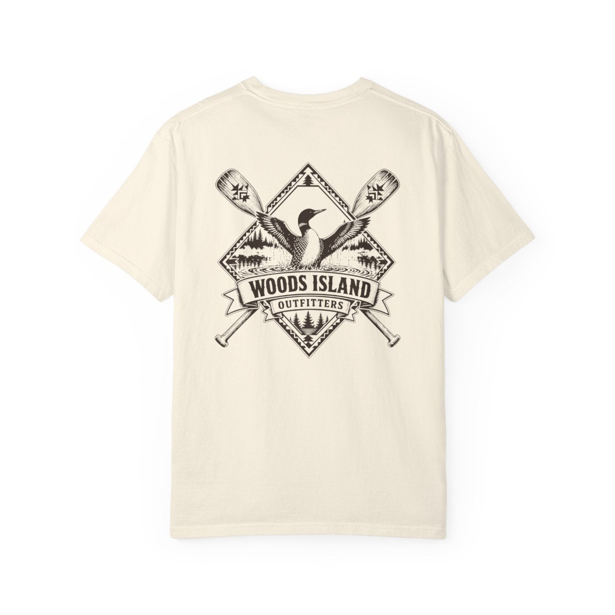 Loon crest on the back of a Woods Island Outfitters tee