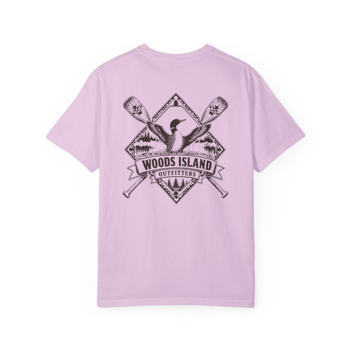 Loon crest on the back of a Orchid Woods Island Outfitters tee