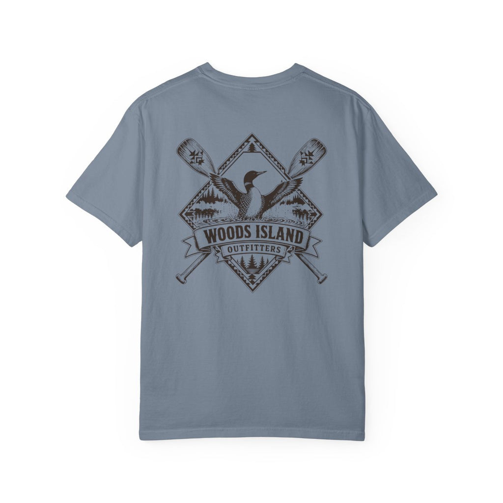 Loon crest on the back of a Blue Jean Woods Island Outfitters tee