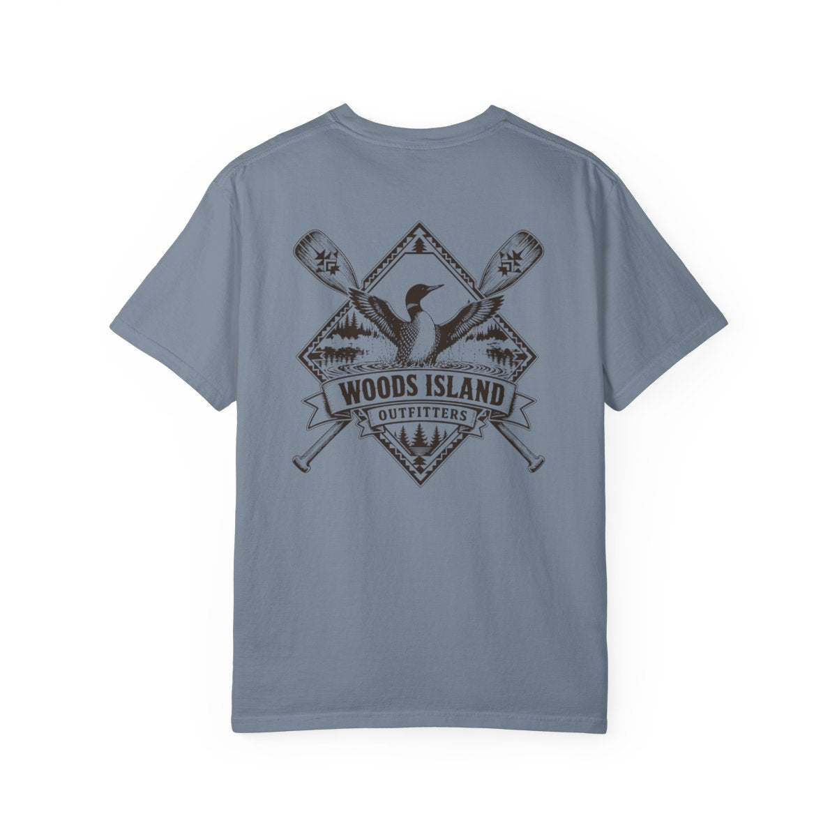 Loon crest on the back of a Blue Jean Woods Island Outfitters tee