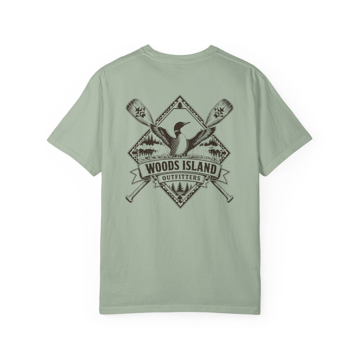 Loon crest on the back of a Bay Woods Island Outfitters tee