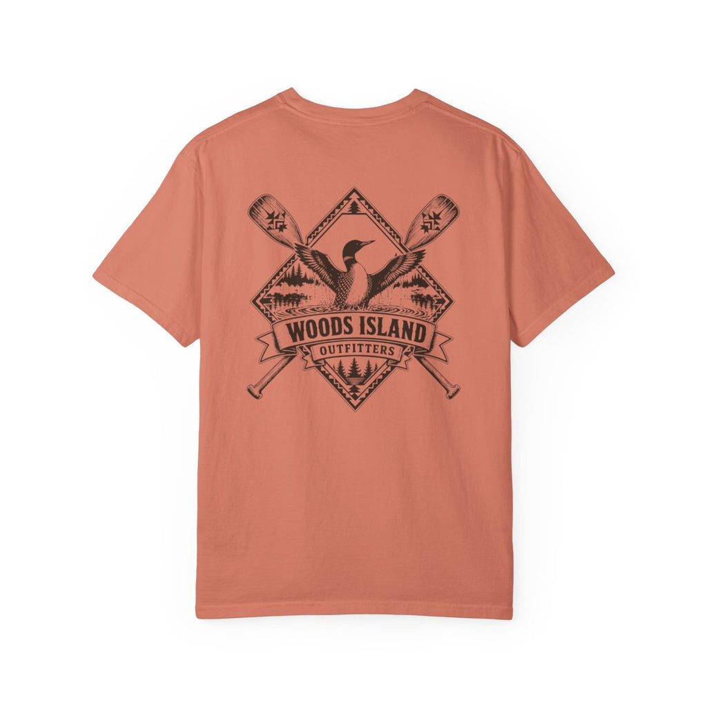 Loon crest on the back of a Terracotta Woods Island Outfitters tee