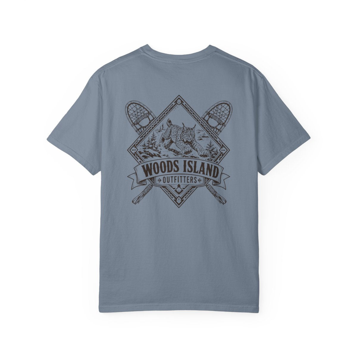Lynx crest on the back of a Blue Jean Woods Island Outfitters tee