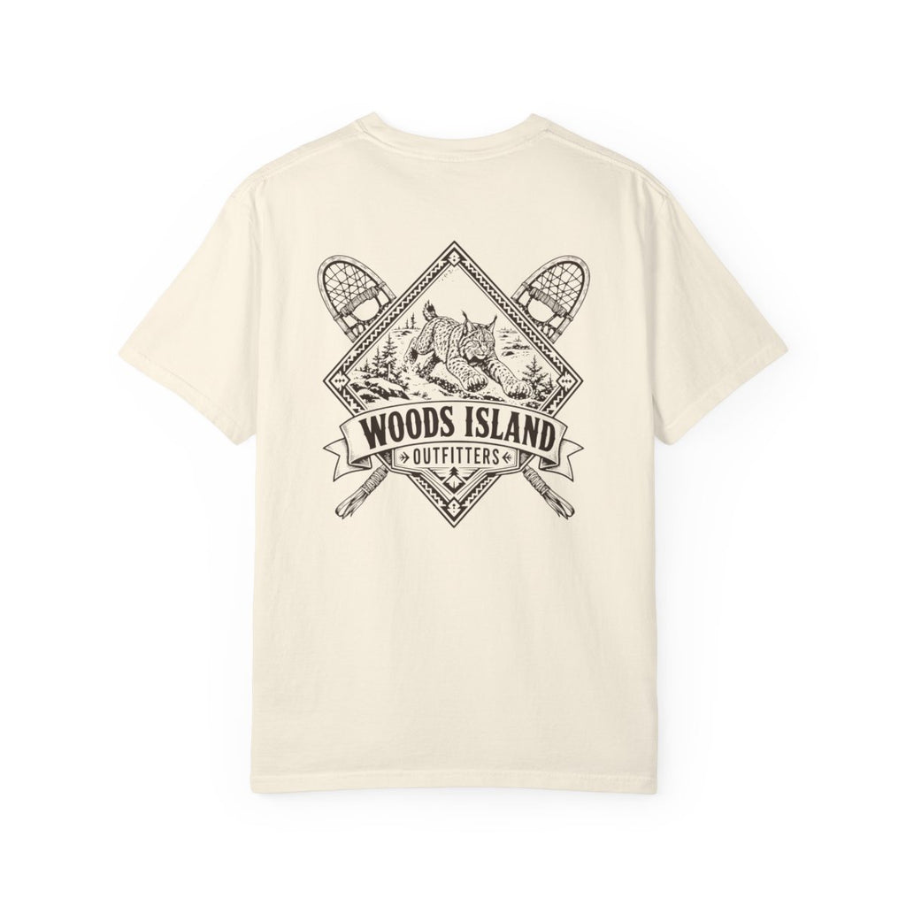 Lynx crest on the back of a Woods Island Outfitters tee