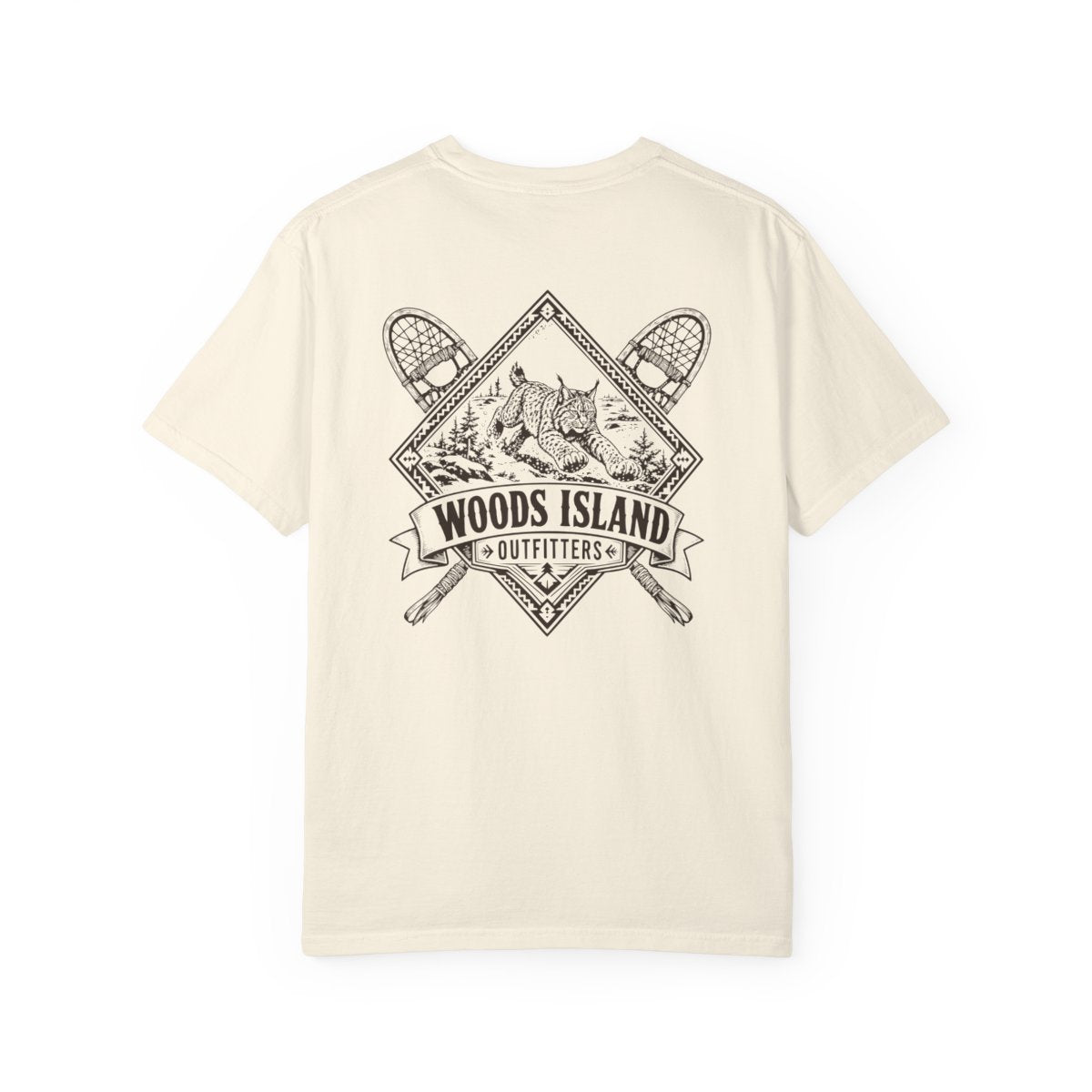 Lynx crest on the back of a Woods Island Outfitters tee