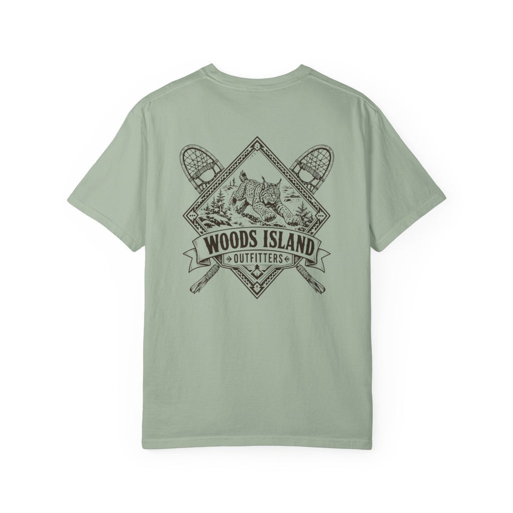 Lynx crest on the back of a Bay Woods Island Outfitters tee